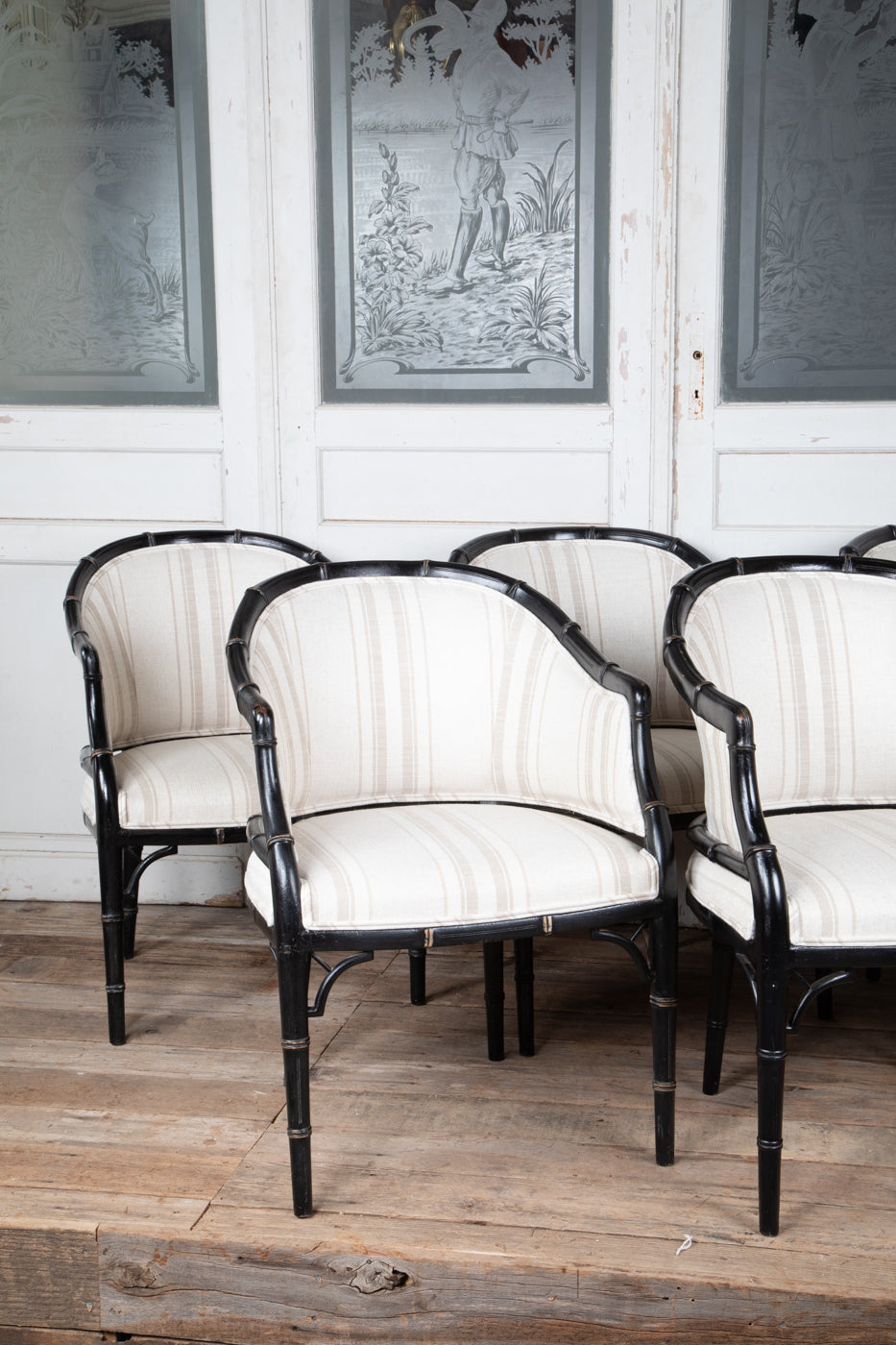 Set of 6 Black Faux Bamboo Arm Chairs