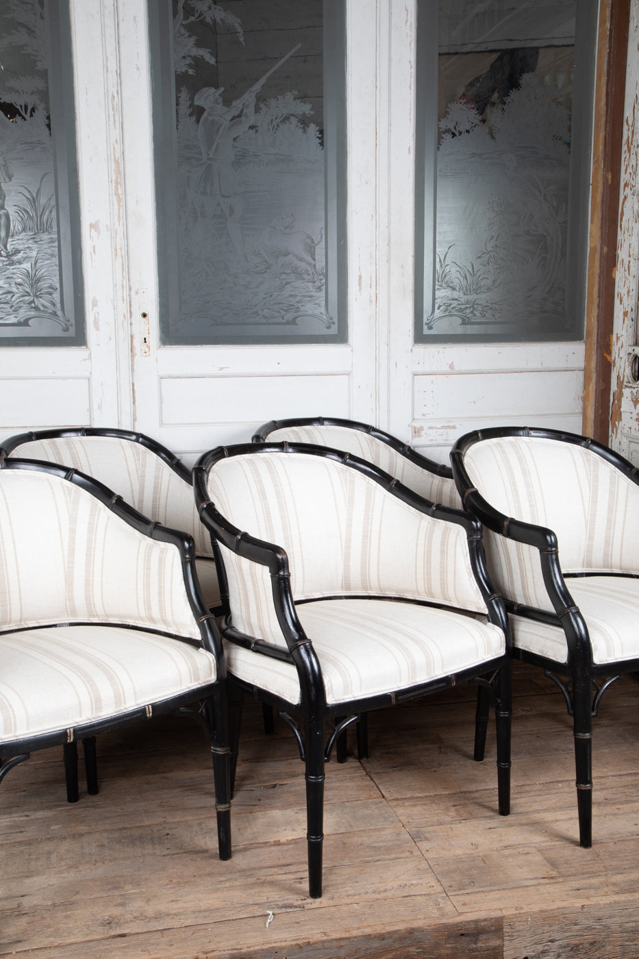 Set of 6 Black Faux Bamboo Arm Chairs