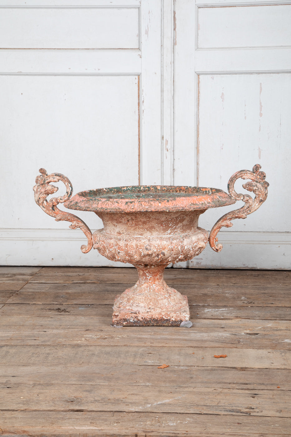 19th Century Original Pink and White  Painted Patina Twin Handled Urn