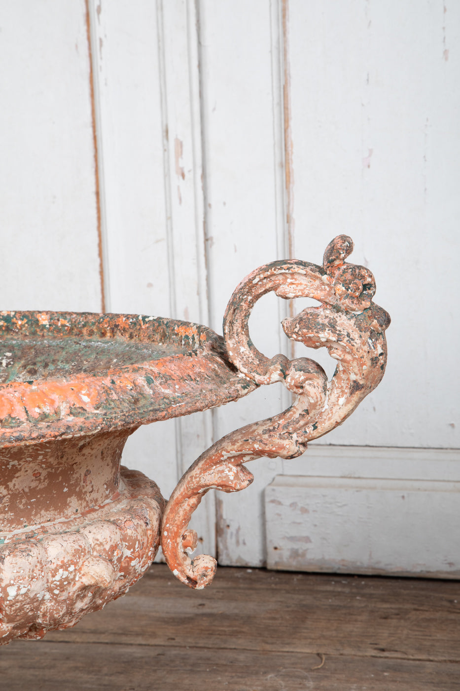 19th Century Original Pink and White  Painted Patina Twin Handled Urn