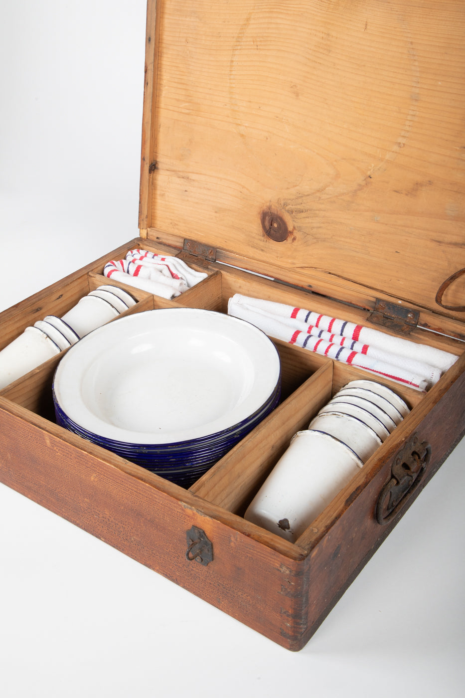 French Picnic Basket with Enamel Plates and Mugs