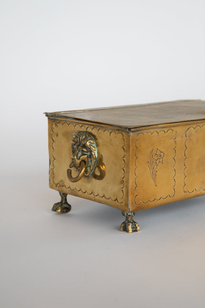 Brass Box - Hinged Lid and Detailed Carvings Lion with Ring Through Mouth on Each Side