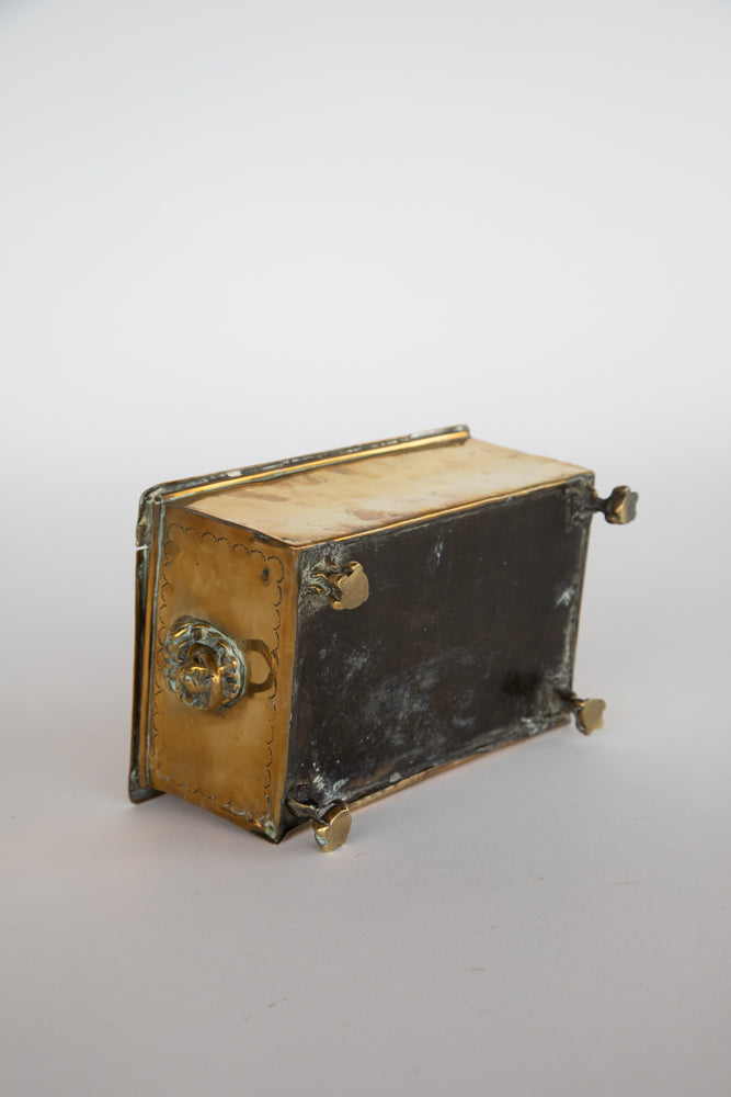 Brass Box - Hinged Lid and Detailed Carvings Lion with Ring Through Mouth on Each Side