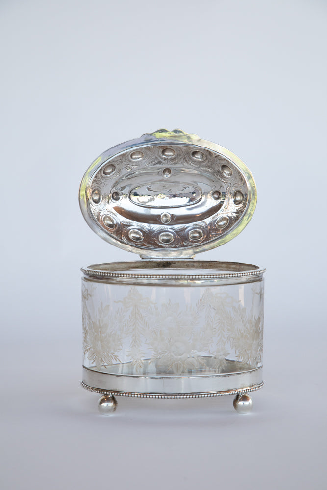 Glass and Silver Biscuit Box with Queen Victoria Stamp