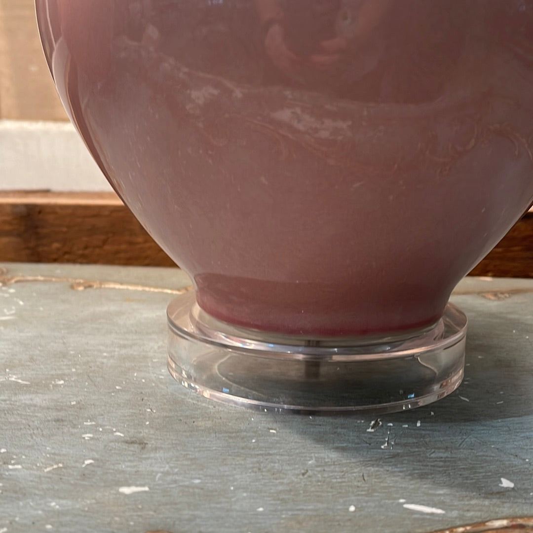 Dusty Rose Pink Double Gourd Lamps with White Shades on Acrylic Bases - The White Barn Antiques