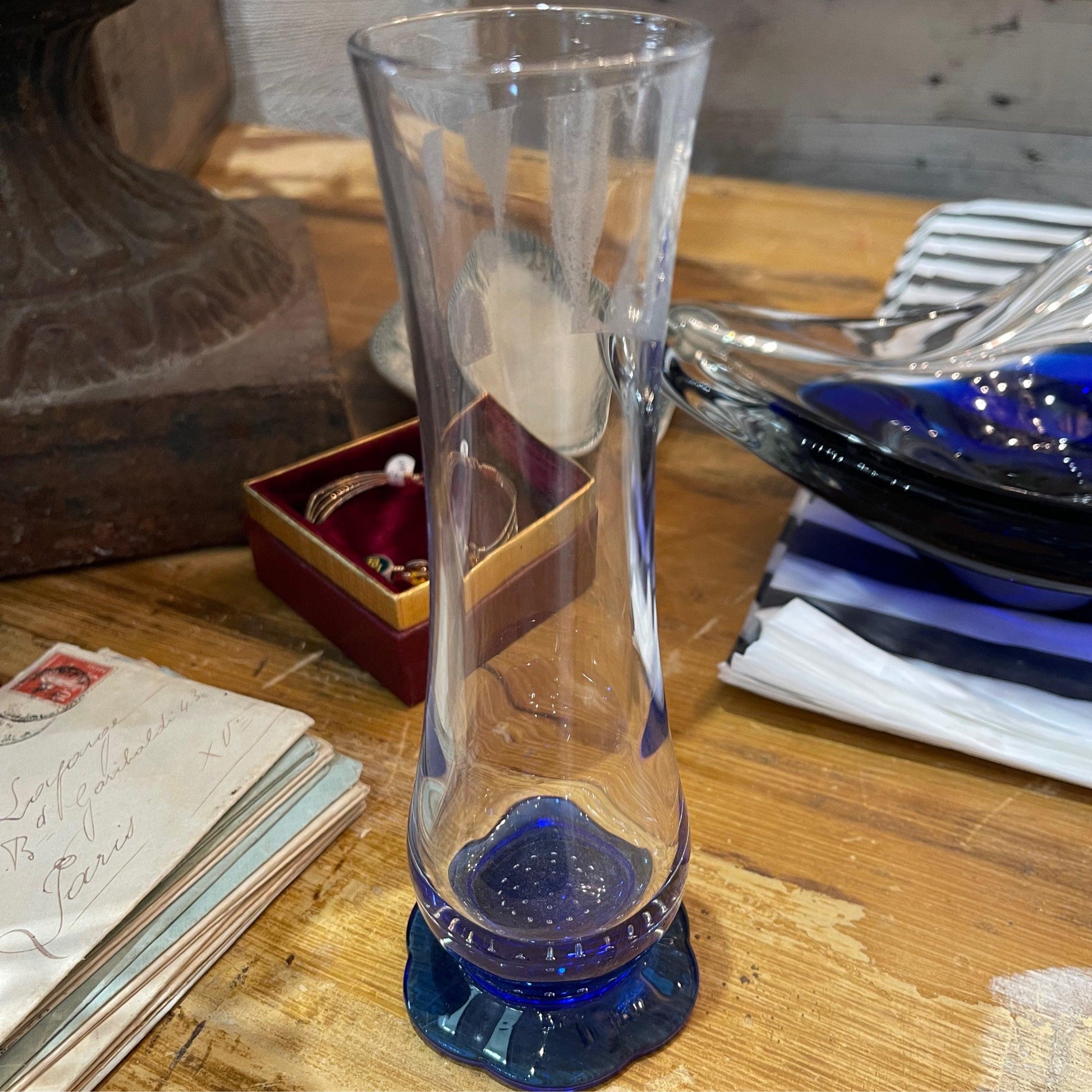 Blue and Clear Glass Vase - The White Barn Antiques